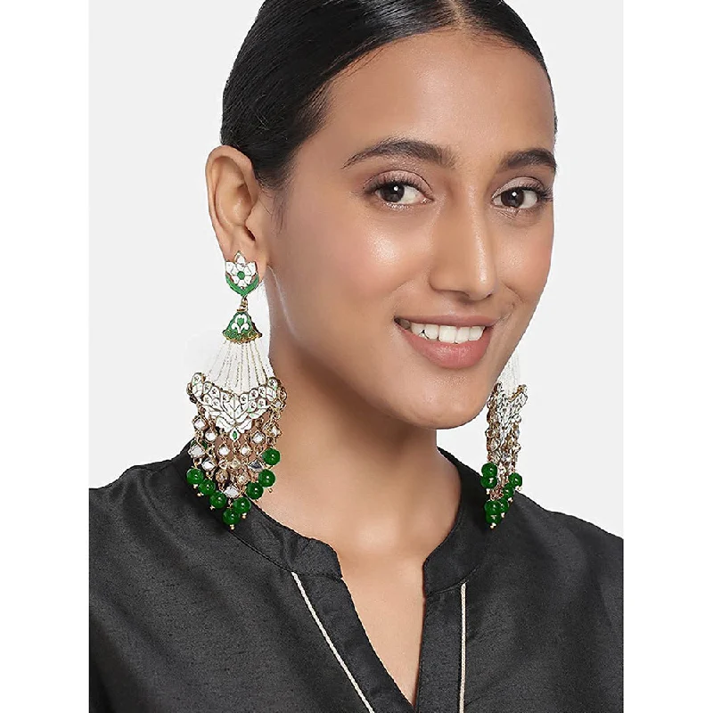 romantic hoop earrings for women-Etnico 18K Gold Plated Traditional Handcrafted Meena Work Earring Glided With Kundan & Pearls (E2792) (Green)