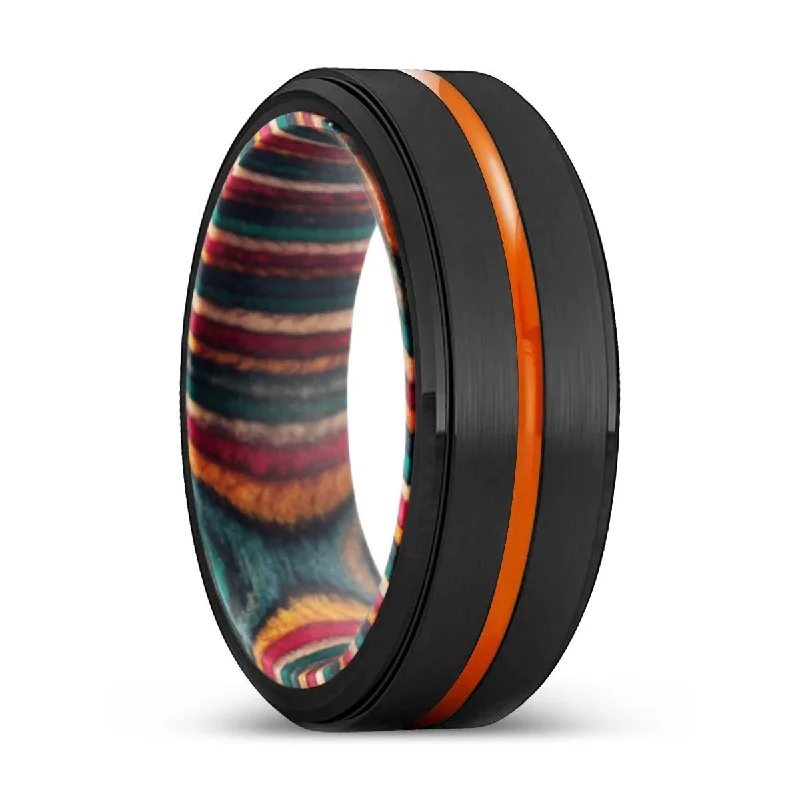 signet rings for women-GARLAND | Multi Color Wood, Black Tungsten Ring, Orange Groove, Stepped Edge