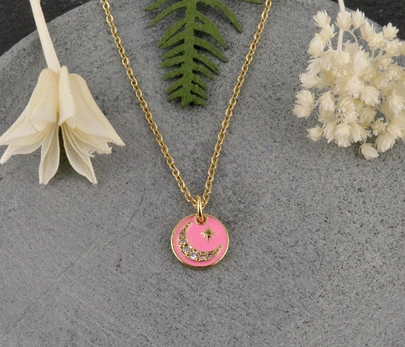 affordable necklaces for women-Pink Sparkling Moon Necklace