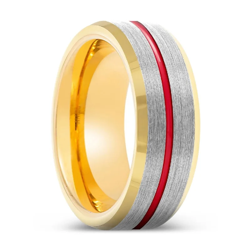 statement wedding rings for women-FALCON | Gold Ring, Silver Tungsten Ring, Red Groove, Gold Beveled Edge