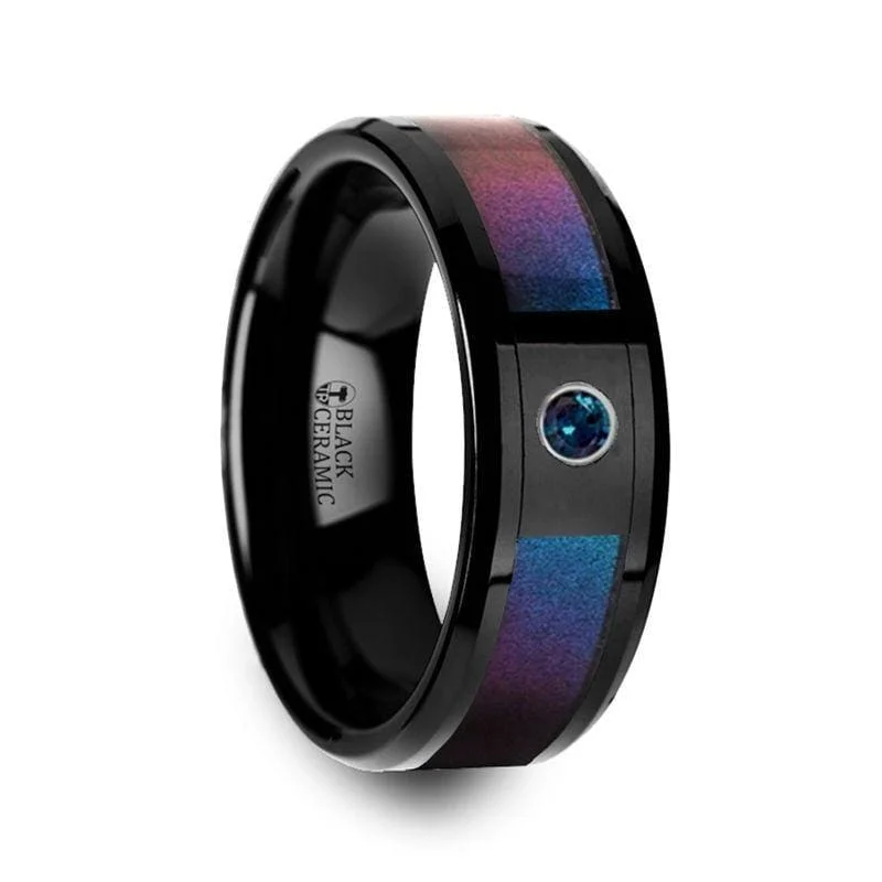 stackable silver rings for women-Black Ceramic Ring Blue & Purple Color Changing Inlay And Alexandrite Setting - 8mm