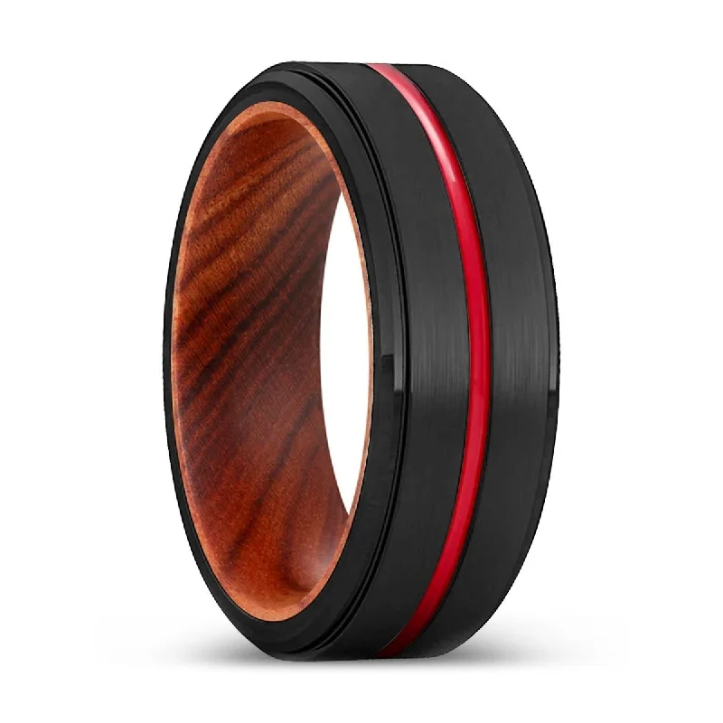 silver rings for women-BUTCHER | IRON Wood, Black Tungsten Ring, Red Groove, Stepped Edge