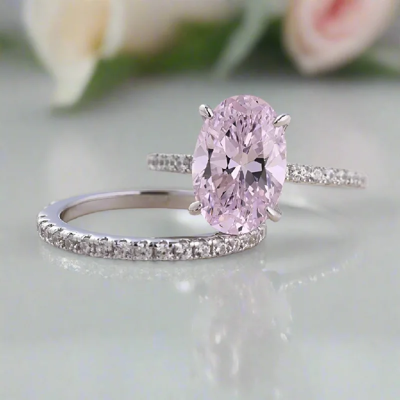 platinum engagement rings for women-Lovely Oval Cut Pink Sapphire Wedding Ring Set