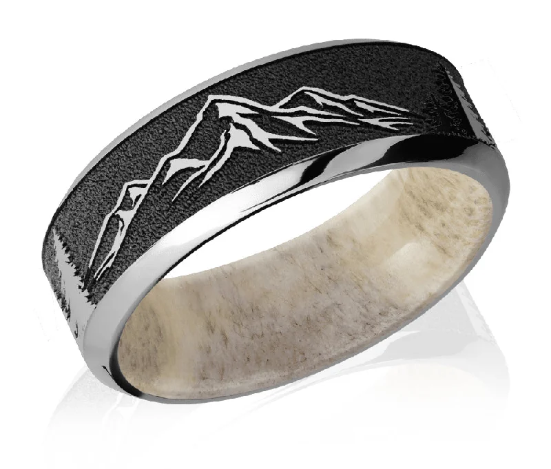 stackable gemstone rings for women-Titanium Mountain Pattern Ring with Antler Sleeve