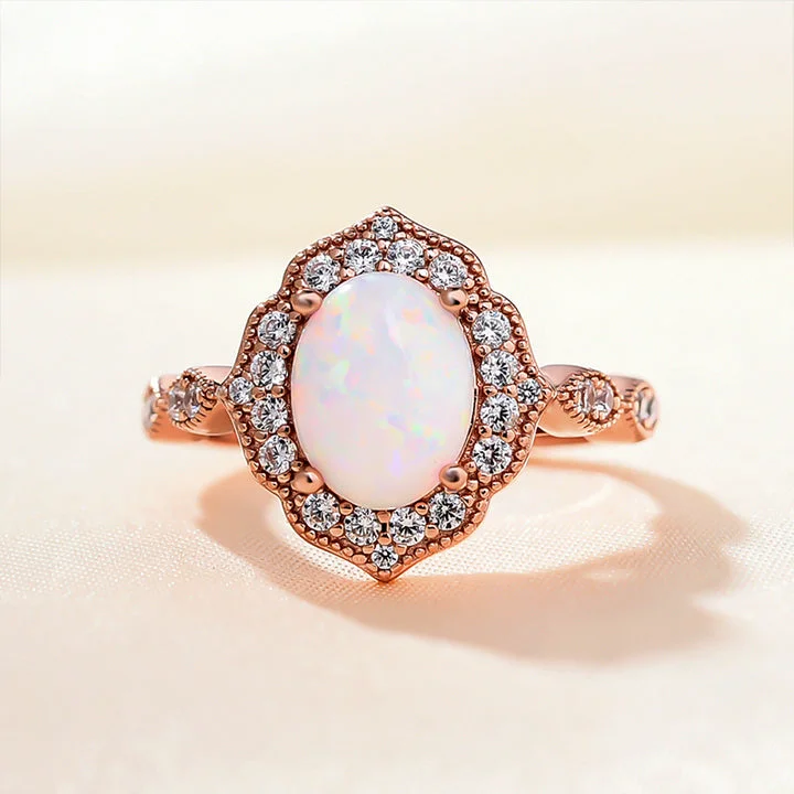 emerald and diamond engagement rings-Vintage Rose Gold Oval Cut Opal Engagement Ring