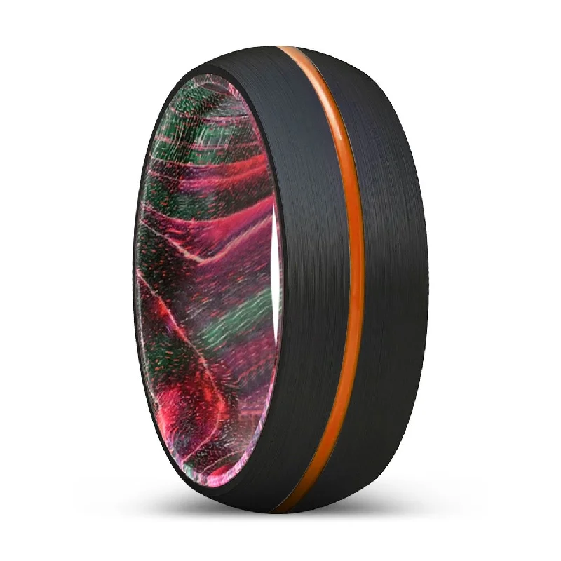 wedding rings for women-DENDRO | Green & Red Wood, Black Tungsten Ring, Orange Groove, Domed