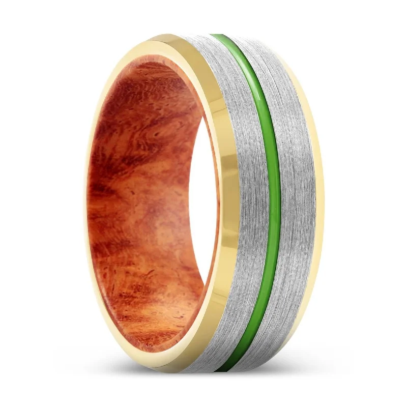 anniversary diamond rings for women-BLISS | Red Burl Wood, Silver Tungsten Ring, Green Groove, Gold Beveled Edge