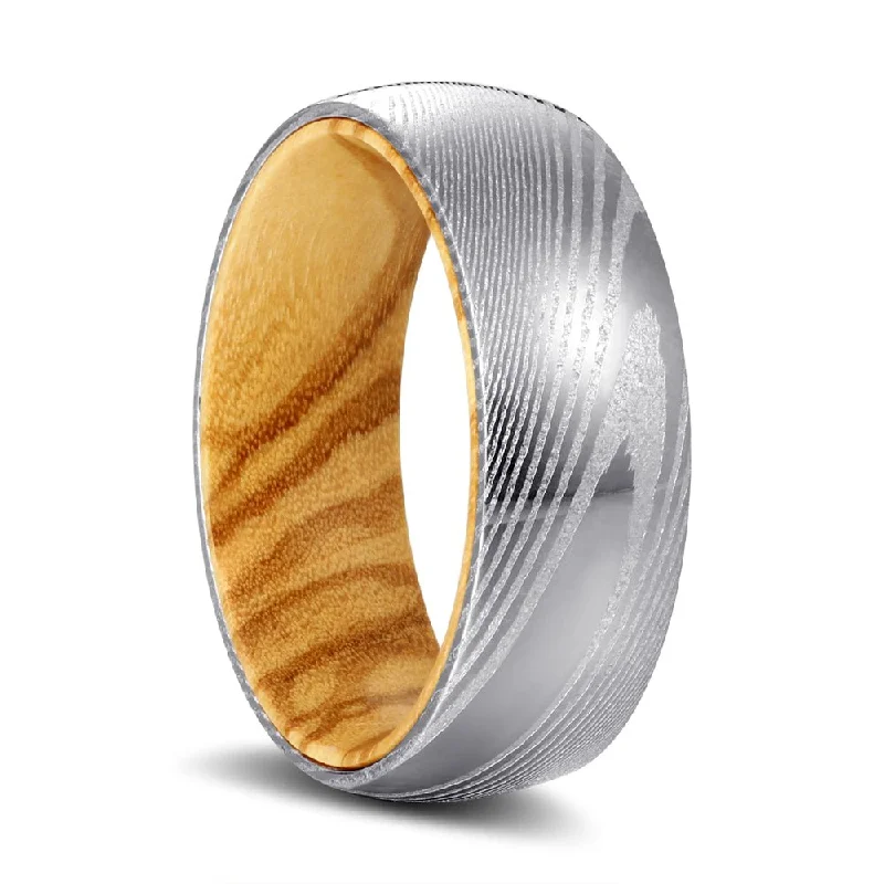 sapphire rings for women-RIDGES | Olive Wood, Silver Damascus Steel, Domed