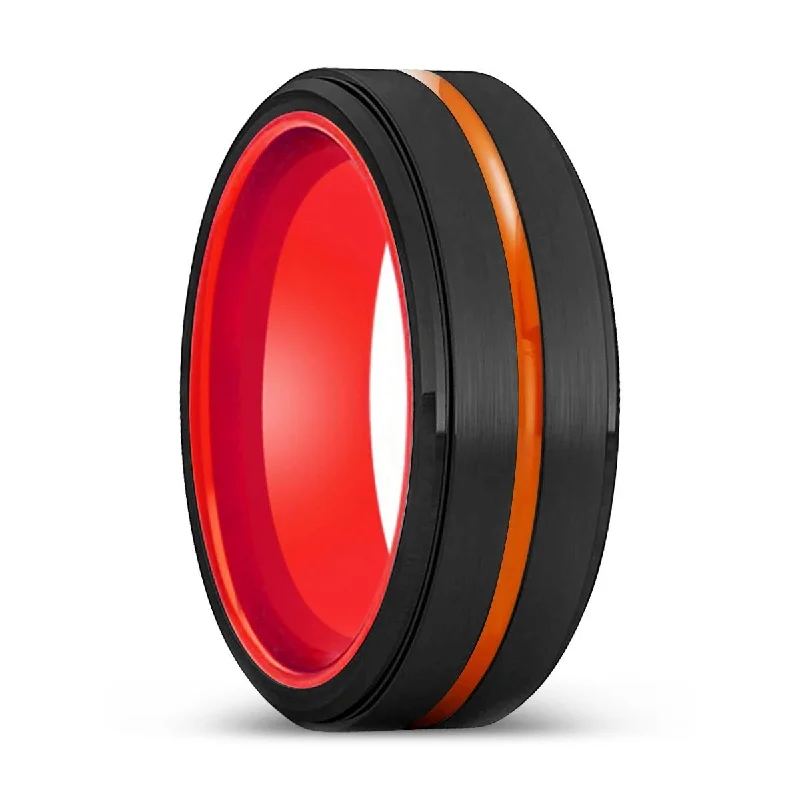 cute rings for women-PROVIDENCE | Red Ring, Black Tungsten Ring, Orange Groove, Stepped Edge