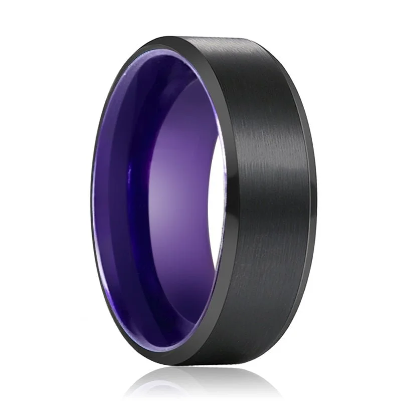 designer wedding rings for women-CLEMATIS | Purple Ring, Black Tungsten Ring, Brushed, Beveled