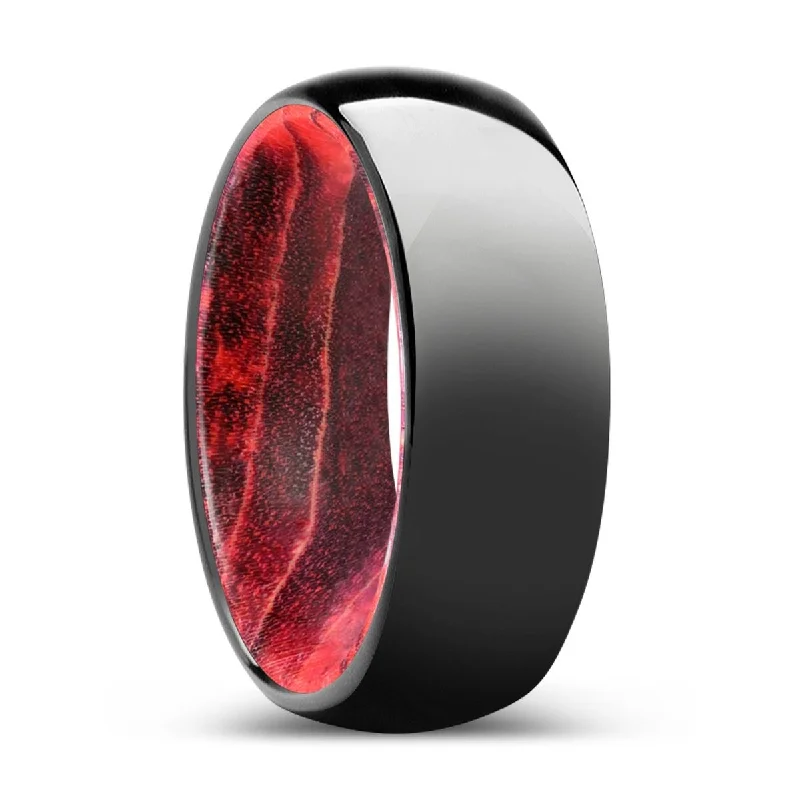 gold rings for women-TIMBER | Black & Red Wood, Black Tungsten Ring, Shiny, Domed