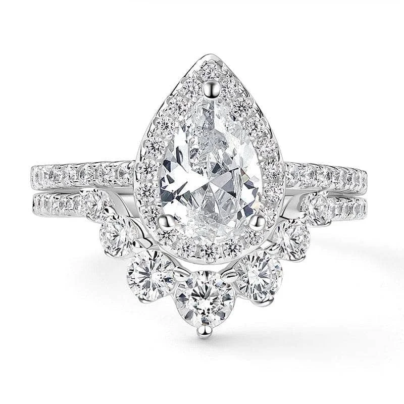 cushion cut engagement rings-2.7Ct Halo Pear Cut Diamond Engagement Ring Set