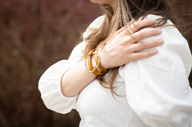 statement bangles for women-Boho Leather Wrap Bracelet | Antique Brass Hoop + Mustard Yellow | Handmade Jewelry Engraved Personalized Gift For Her