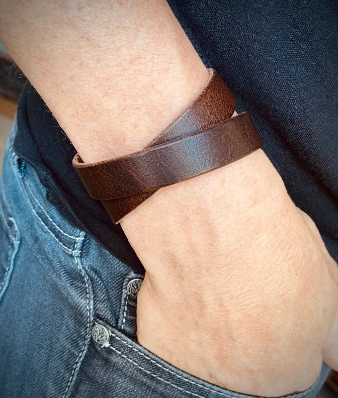 stackable bangles for women-Leather Wrap Bracelet, Engrave Custom Words , USA Brown Leather