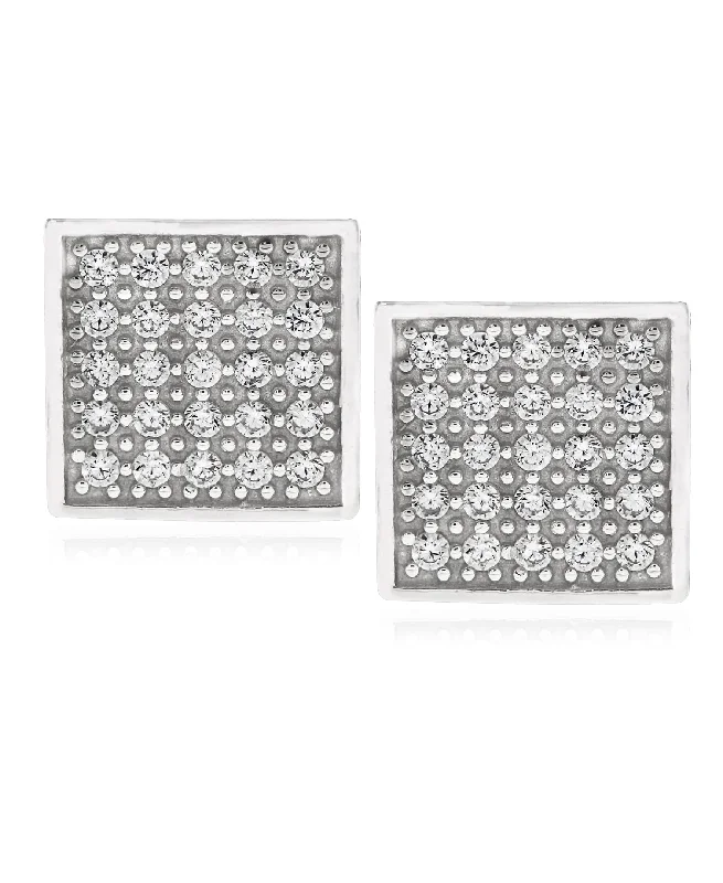 chic earrings for women-Men's Sterling Silver Crystal Cubic Zirconia Square Stud Earrings