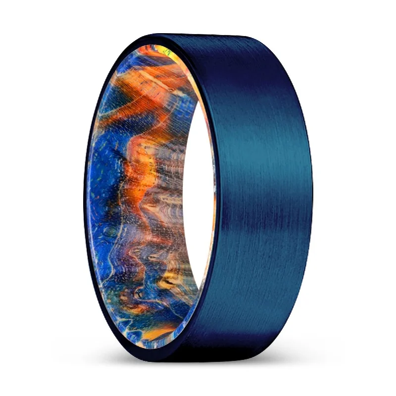 bridal rings for women-CHIEF | Blue & Yellow/Orange Wood, Blue Tungsten Ring, Brushed, Flat