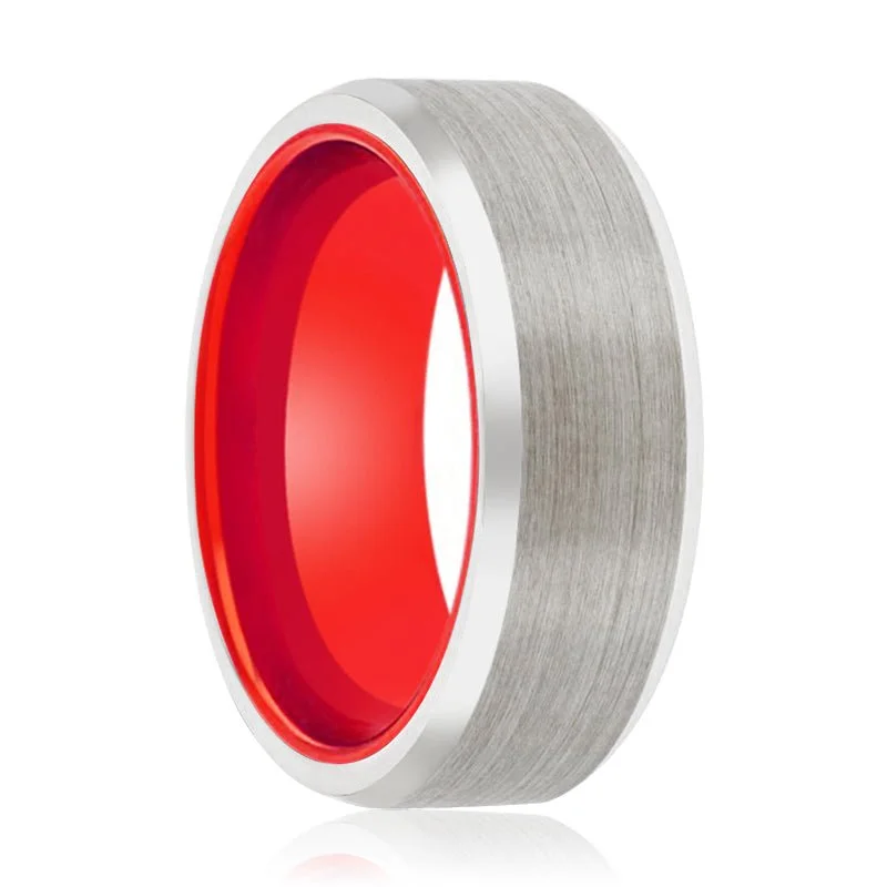 statement rings for women-SPARK | Red Ring, Silver Tungsten Ring, Brushed, Beveled