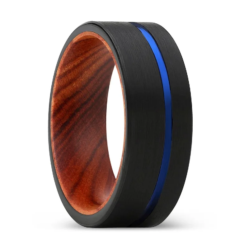 sapphire rings for women-BRONCO | IRON Wood, Black Tungsten Ring, Blue Offset Groove, Flat