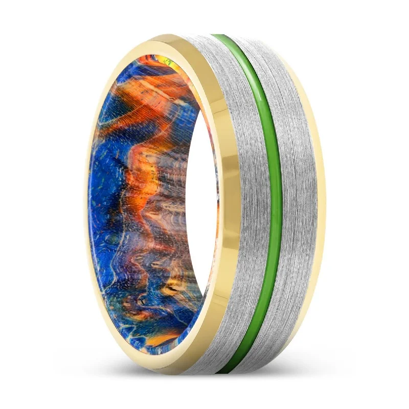 custom-made rings for women-LODICO | Blue & Yellow/Orange Wood, Silver Tungsten Ring, Green Groove, Gold Beveled Edge