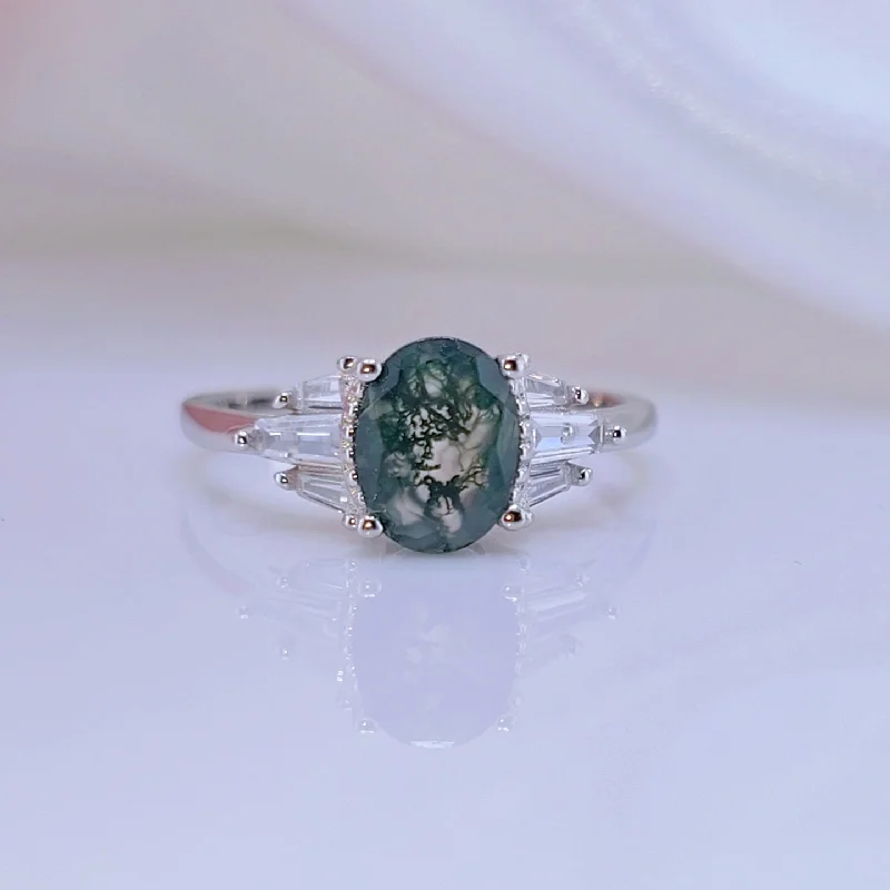 3-stone engagement rings-Oval Cut Natural Moss Agate 4 Prong Engagement Ring