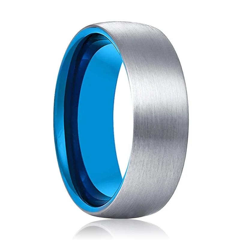 classic rings for women-ARTIC | Blue Tungsten Ring, Silver Tungsten Ring, Brushed, Domed