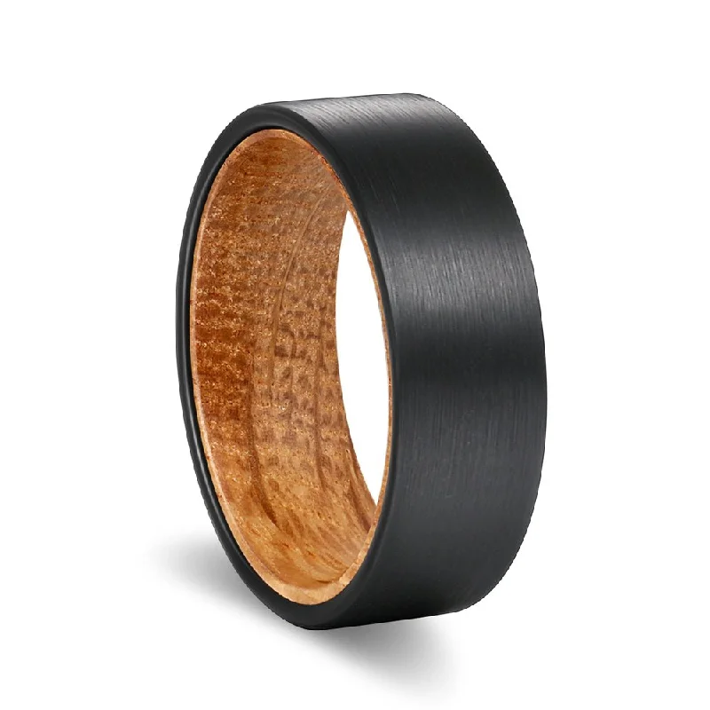 statement wedding rings for women-CAMBUS | Whisky Barrel Wood, Black Flat Brushed Tungsten