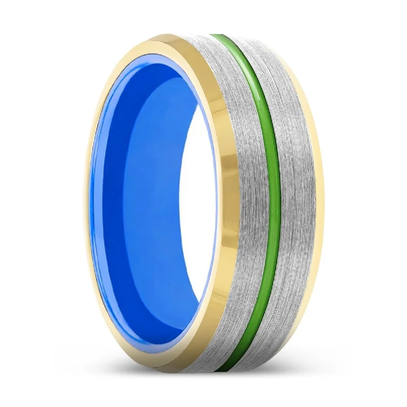 birthstone rings for women-WARDEN | Blue Ring, Silver Tungsten Ring, Green Groove, Gold Beveled Edge