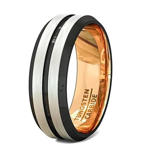 unique rings for women-Men's Domed Double Grooved Tungsten Wedding Band With Rose Gold Inlay - 8mm