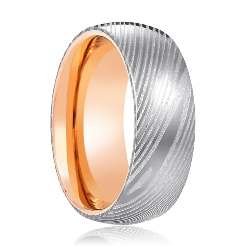 designer engagement rings for women-STORM | Rose Gold Ring, Silver Damascus Steel, Domed