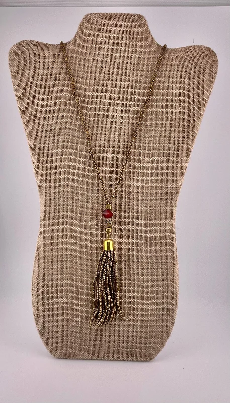 delicate chain necklaces for women-Gold Seed Bead Tassel & Garnet Bead Necklace