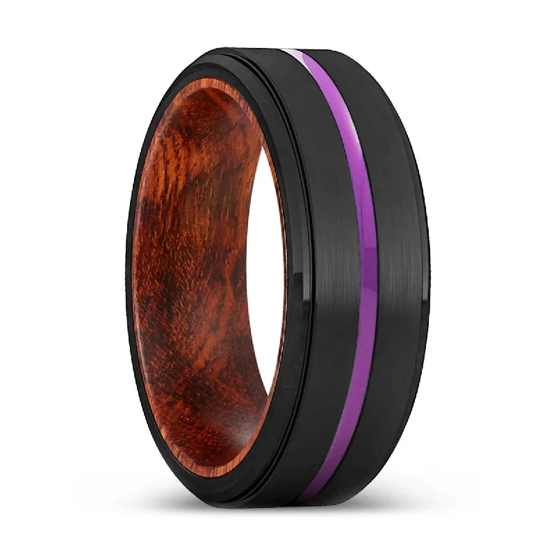 chic wedding bands for women-ARMIDALE | Snake Wood, Black Tungsten Ring, Purple Groove, Stepped Edge