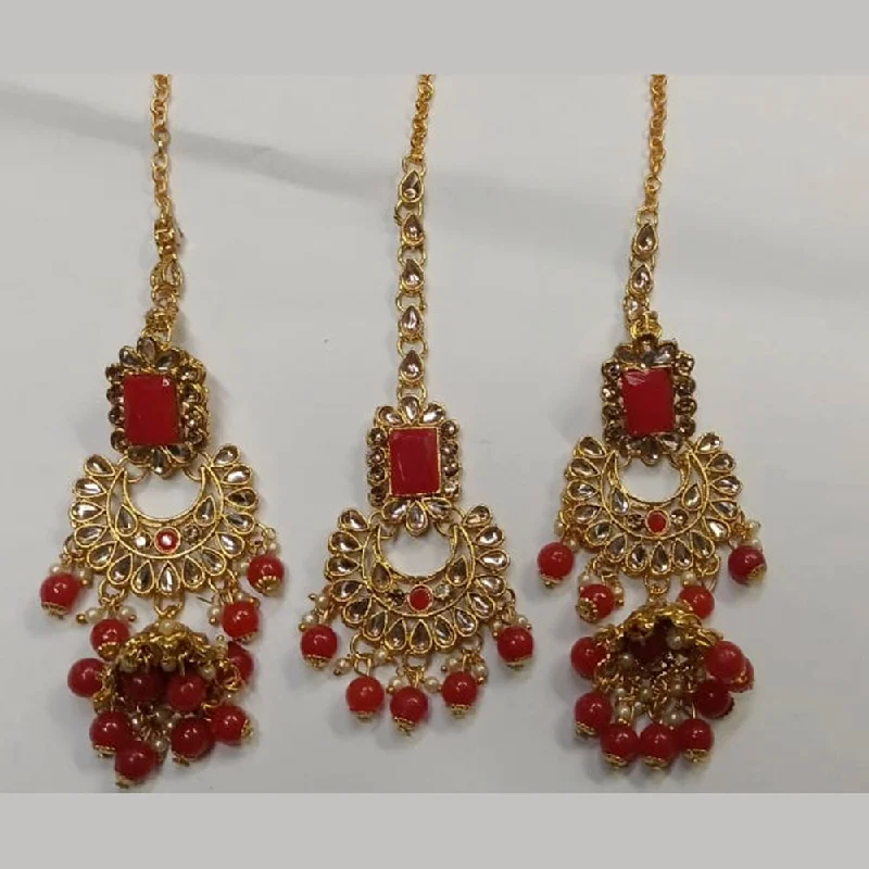 trendy earrings for women-Pooja Bangles Kundan Stone & Beads Dangler Earrings With Maang Tikka