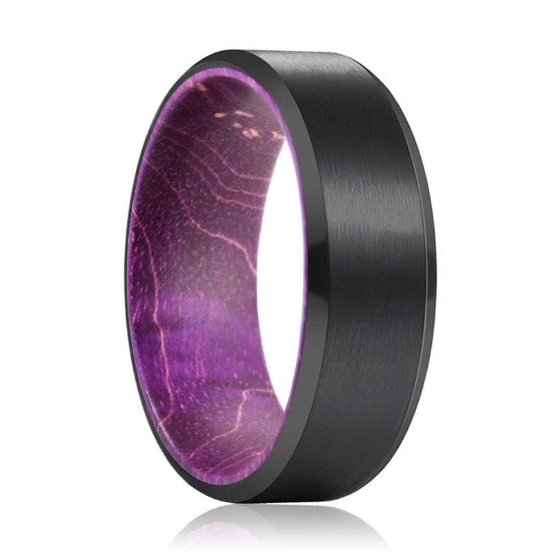 luxury wedding rings for women-TANZ | Purple Wood, Black Tungsten Ring, Brushed, Beveled