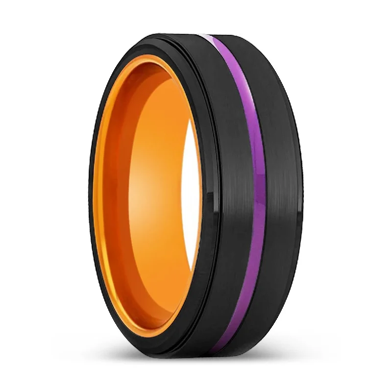 classic gold rings for women-HOBART | Orange Ring, Black Tungsten Ring, Purple Groove, Stepped Edge