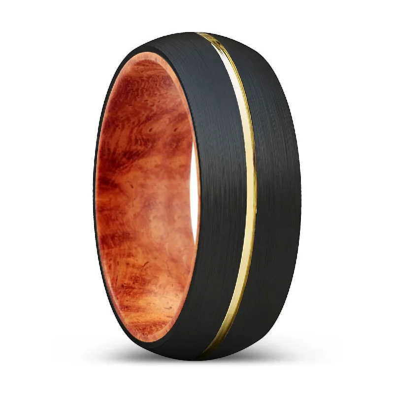 custom-made rings for women-ALSOS | Red Burl Wood, Black Tungsten Ring, Gold Groove, Domed