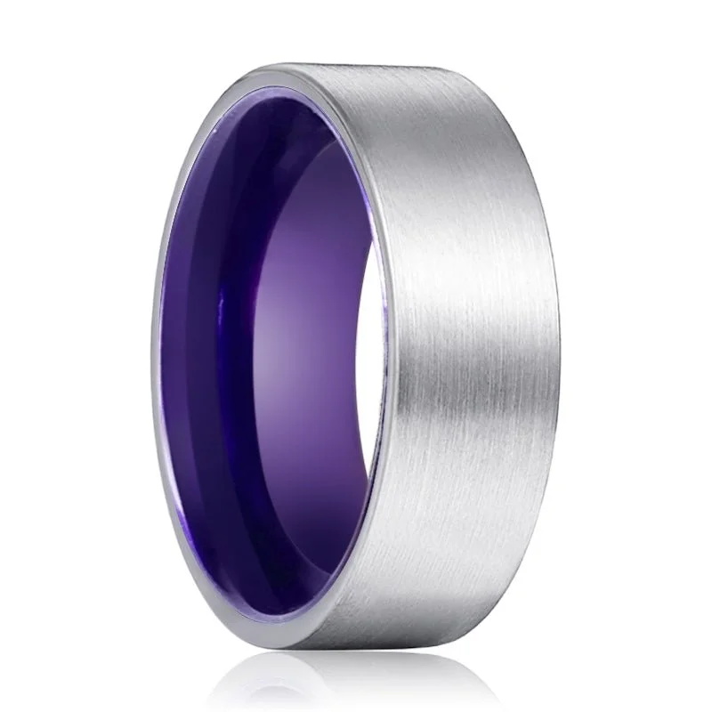 bridal rings for women-ANEMONE | Purple Ring, Silver Tungsten Ring, Brushed, Flat