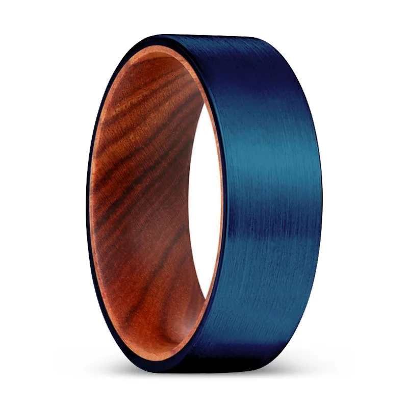 luxury engagement rings for women-MITZI | IRON Wood, Blue Tungsten Ring, Brushed, Flat