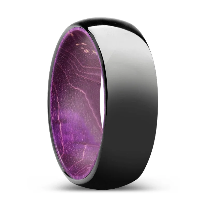 rose gold rings for women-NATURELLE | Purple Wood, Black Tungsten Ring, Shiny, Domed