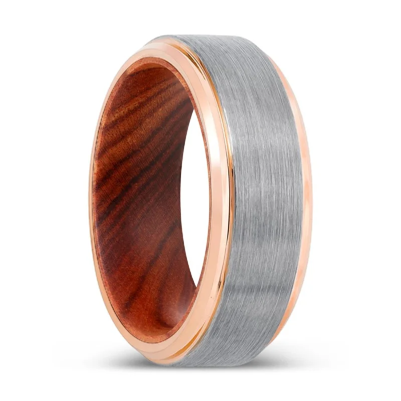 luxury gold bands for women-MANTIS | IRON Wood, Silver Tungsten Ring, Brushed, Rose Gold Stepped Edge