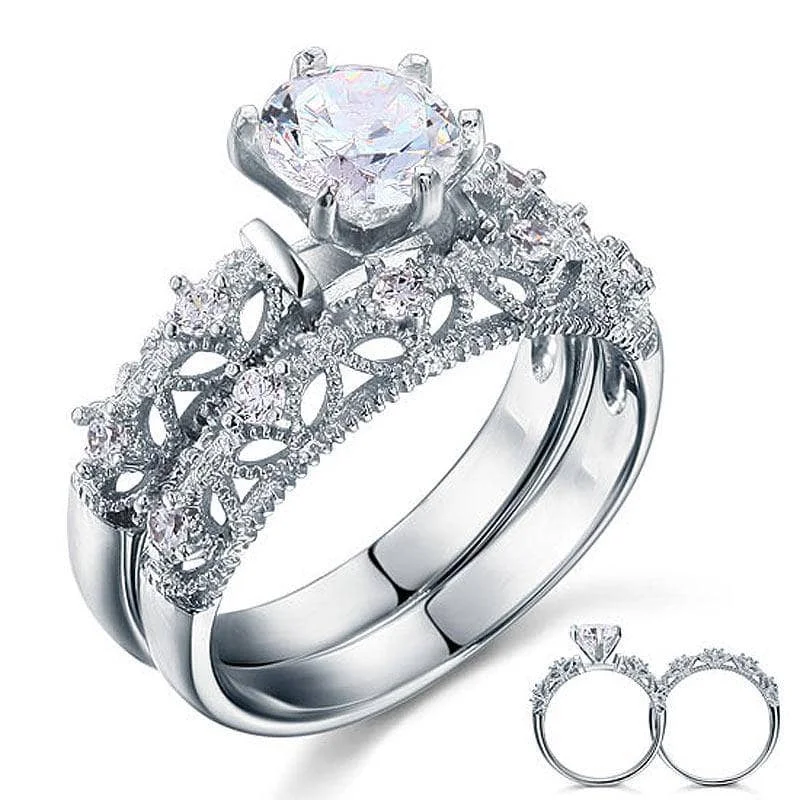 cushion engagement rings-Vintage Style Victorian Art Deco 1.25 Carat Created Diamond 2-Pcs Wedding Engagement Ring Set