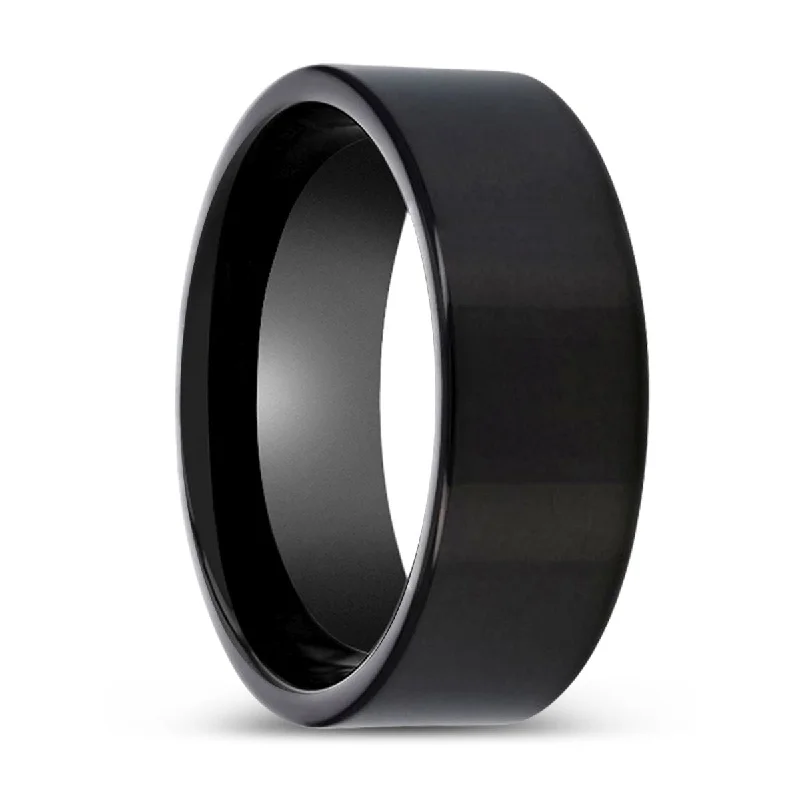 unique rings for women-BURNSLEY | Black Ring, Black Tungsten Ring, Shiny, Flat