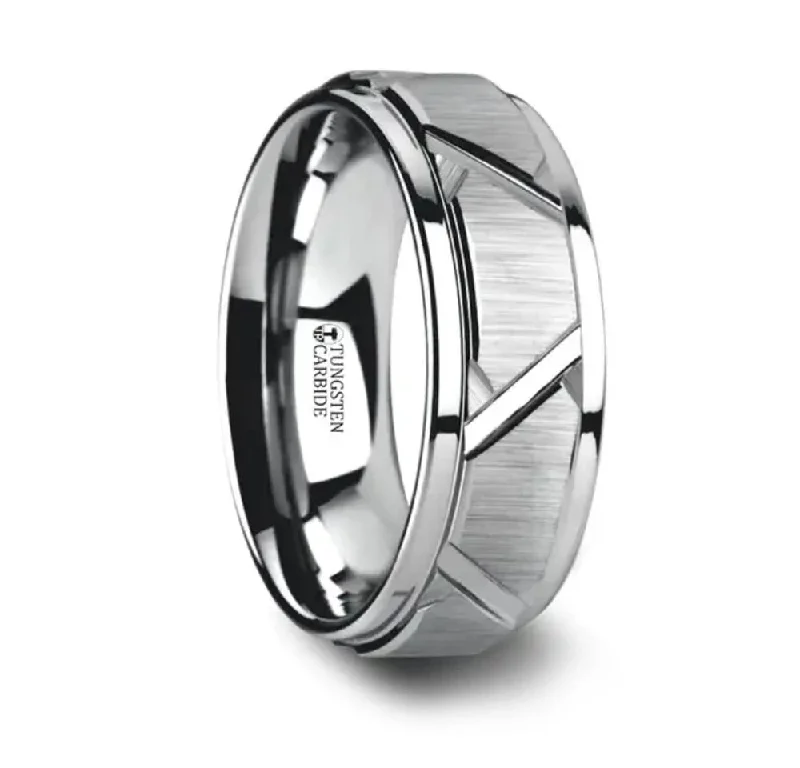 contemporary rings for women-Triangle Groove Tungsten Ring with Raised Center