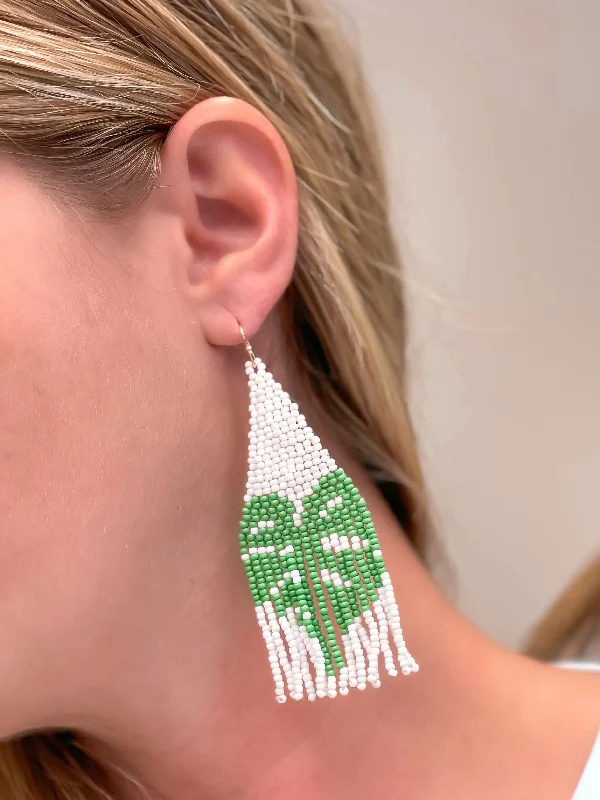 fashion statement drop earrings for women-Palm Leaf Fringe Beaded Dangle Earrings