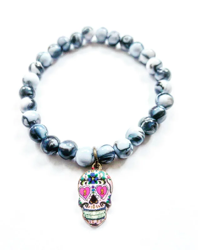 bracelet sets and bangles for women-Skull Charm and Marble Stacking Beaded Bracelet