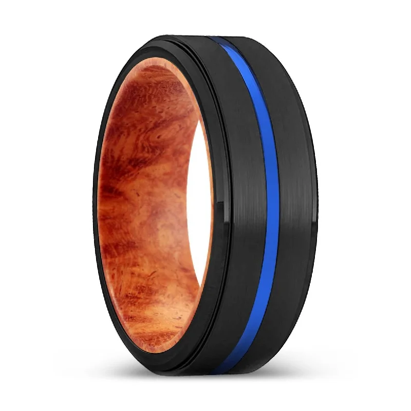 diamond-encrusted rings for women-DELIGHTED | Red Burl Wood, Black Tungsten Ring, Blue Groove, Stepped Edge