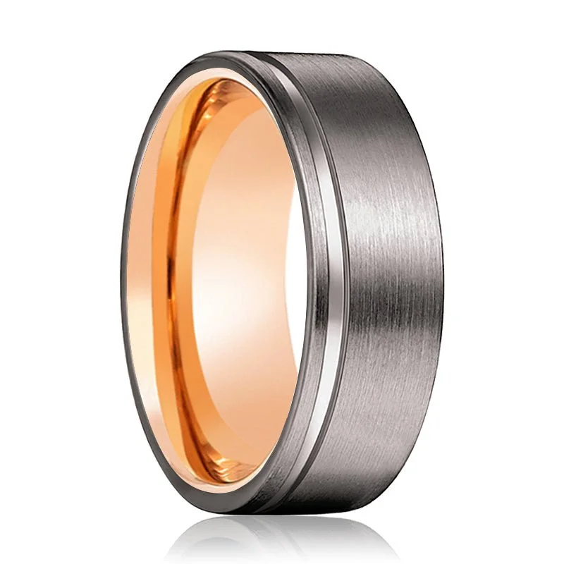 designer engagement rings for women-OCTOBER | Rose Gold Ring, Gunmetal Tungsten Offset Groove