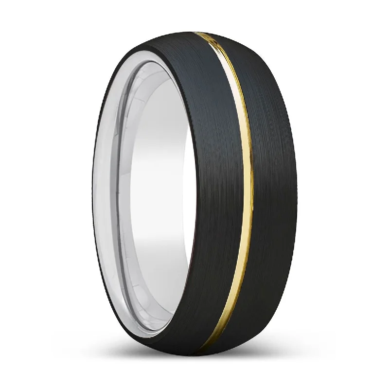 birthstone wedding rings for women-NEXUS | Silver Ring, Black Tungsten Ring, Gold Groove, Domed