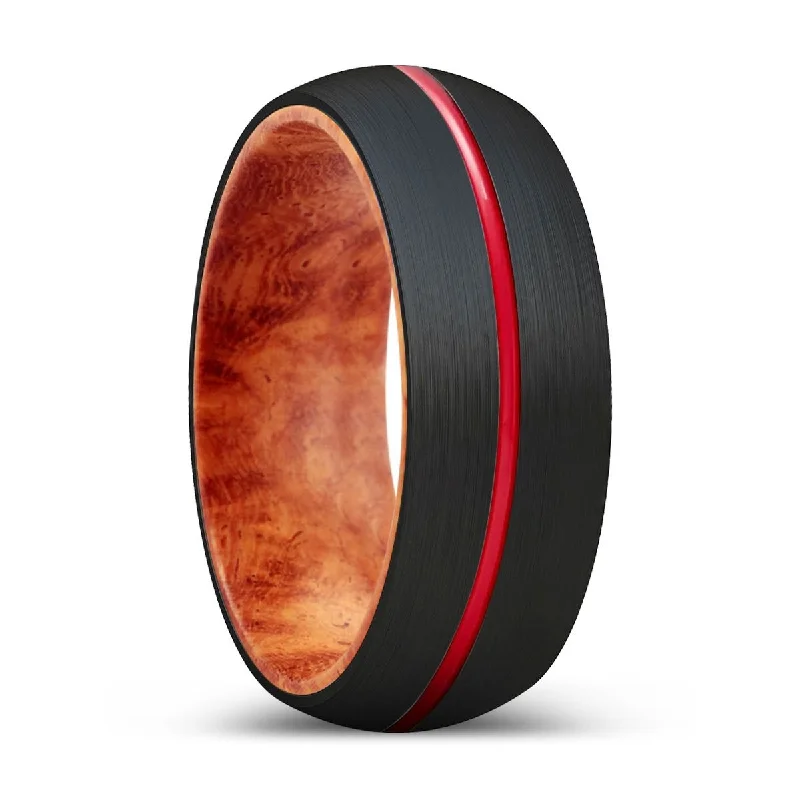 stackable silver rings for women-LEOPARD | Red Burl Wood, Black Tungsten Ring, Red Groove, Domed