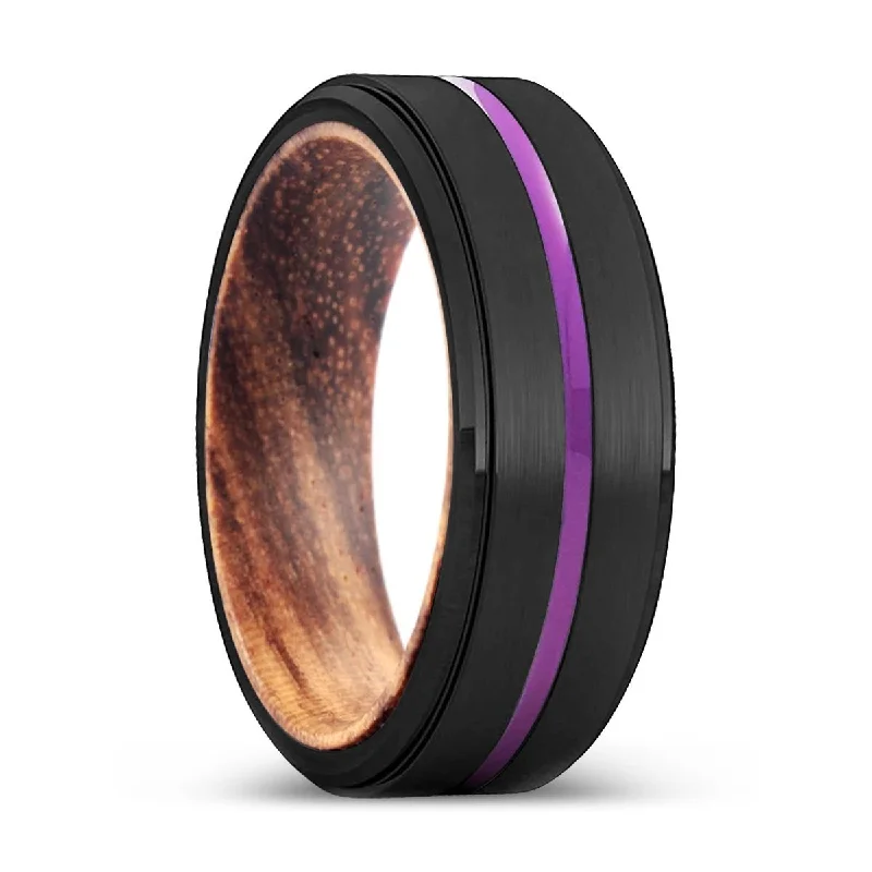 gold-plated rings for women-BROOME | Zebra Wood, Black Tungsten Ring, Purple Groove, Stepped Edge