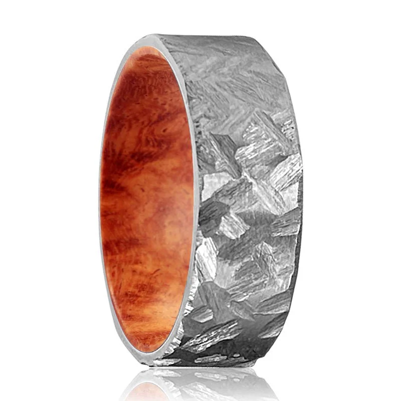 custom-made wedding rings for women-HARKIN | Red Burl Wood, Silver Titanium Ring, Hammered, Flat